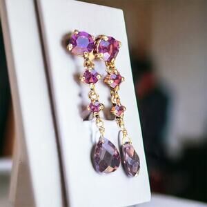 Purple Tear Drop Jewel Cut Long Dangle Earrings Gold Tone